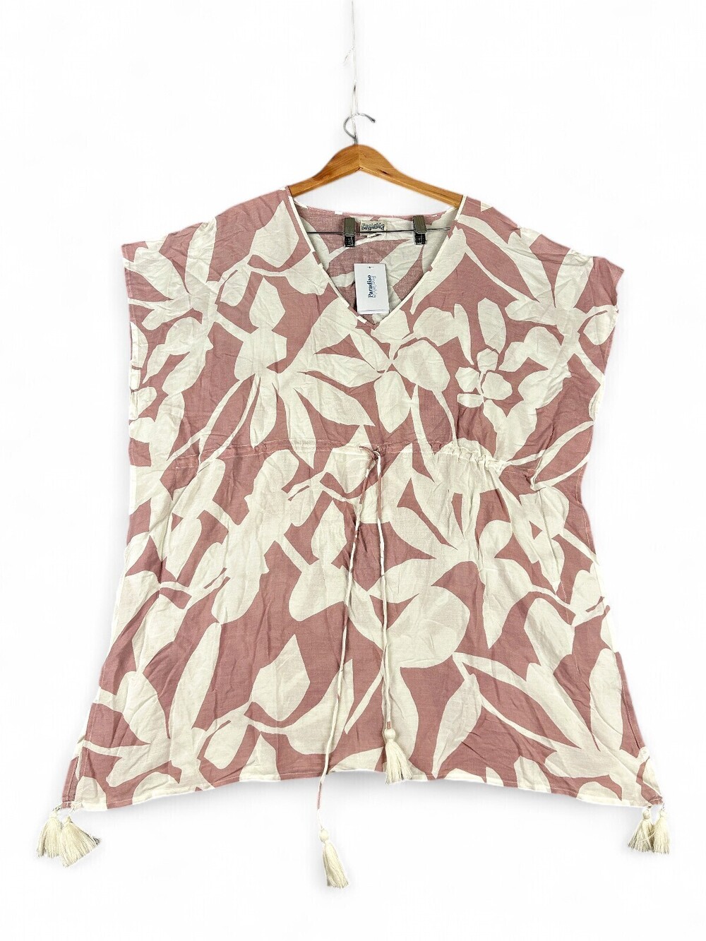 Poolside Paradiso Pink Leaf V-Neck Tassel Swim Coverup M